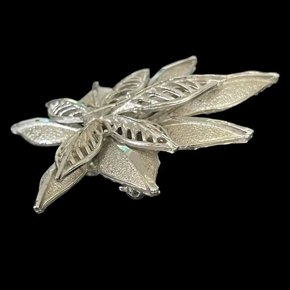 Signed Coro Vintage Double Stacked Silver Tone Leaf Brooch Pin Open Work Brushed